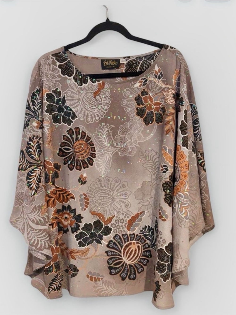 Bob Mackie Wearable Art Taupe Floral Flowy Poncho Top Boho Glam XL Vintage Vibes